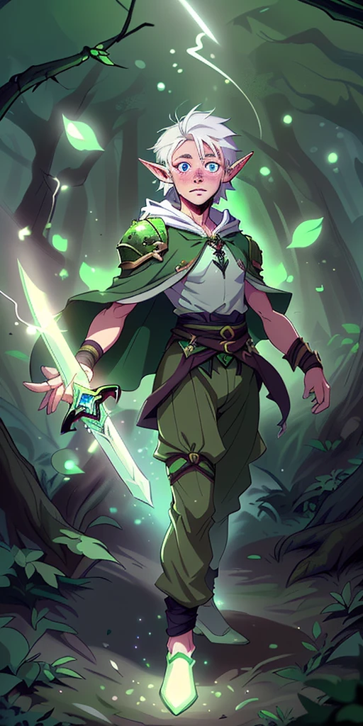 Boy, forest gnome, young, short stature, skinny, small, short white hair, elf ears, freckles, glowing eyes, green leaf armor, purple cloak with hood, black harem pants, sword, fantasy, fighting pose, full body, surounded by magic trails electricity, 
Fireflies, dark forest, wispy light streaks in the air, glowing sword