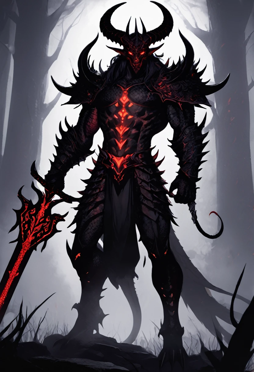 Appearance: Exor is a demon lord with an imposing and intimidating appearance. He stands tall and has dark, scaly skin, with pointed horns protruding from his head. He has glowing red eyes and is constantly accompanied by a red glow around him. He is always seen carrying a hellish-looking sword on his back, 8k high definition