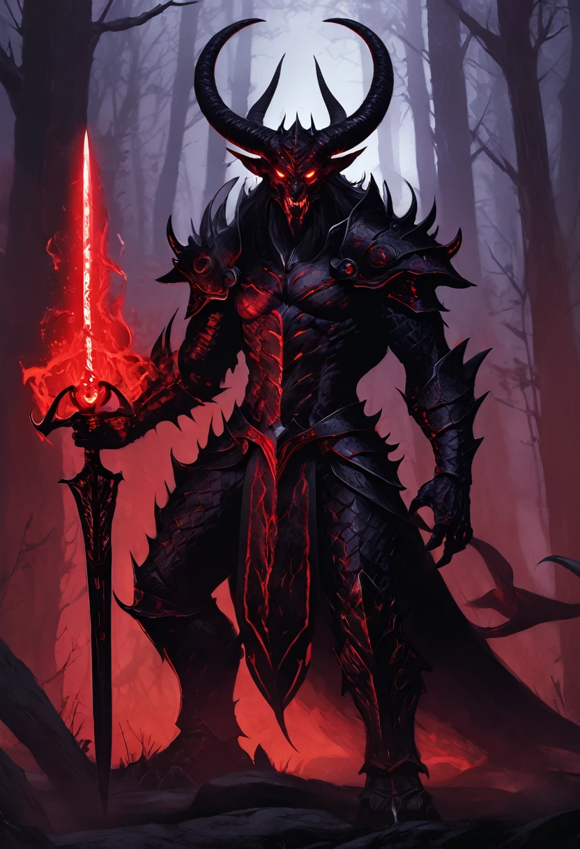 Appearance: Exor is a demon lord with an imposing and intimidating appearance. He stands tall and has dark, scaly skin, with pointed horns protruding from his head. He has glowing red eyes and is constantly accompanied by a red glow around him. He is always seen carrying a hellish-looking sword on his back, 8k high definition