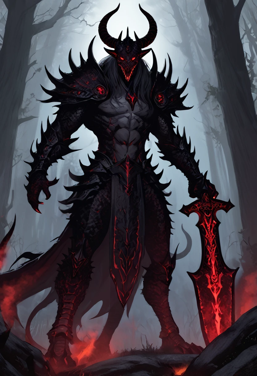 Appearance: Exor is a demon lord with an imposing and intimidating appearance. He stands tall and has dark, scaly skin, with pointed horns protruding from his head. He has glowing red eyes and is constantly accompanied by a red glow around him. He is always seen carrying a hellish-looking sword on his back, 8k high definition