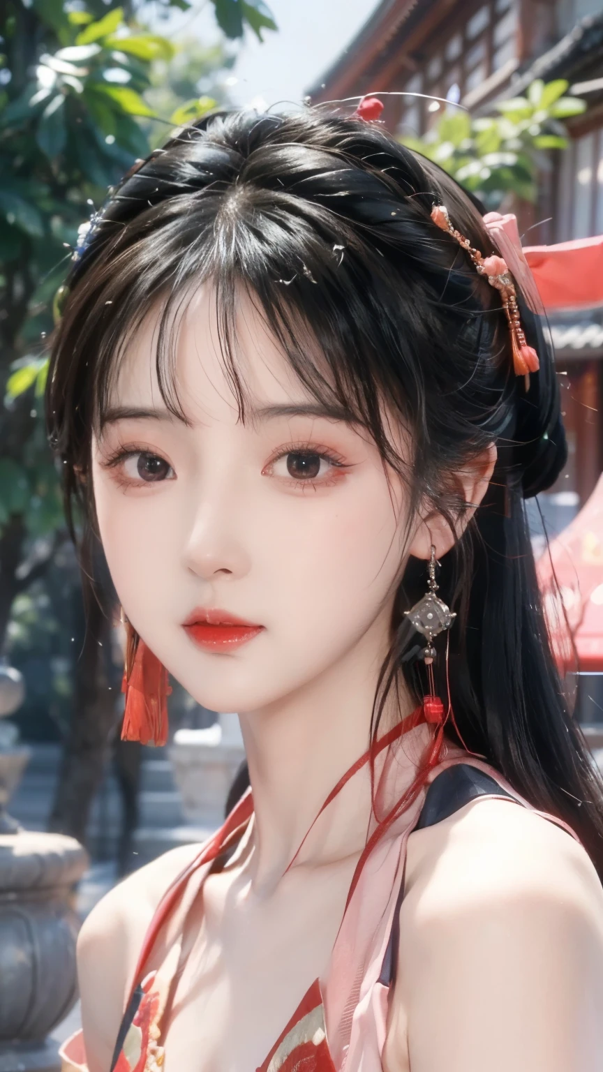   ulzzang-6500-v1.1,(RAW photo:1.2),((photorealistic:1.4)) is the best quality , masterpiece , illustration,  extremely fine and beautiful ,  extremely detailed  ,CG ,unified ,8k wallpaper, Amazing,  fine details,  masterpiece , is the best quality,official art, extremely detailed  CG unified 8k wallpaper,荒谬of结果, incredibly 荒谬of结果, 巨大of文件大小,  super detailed,  high res,  extremely detailed ,美丽详细of女孩,  extremely detailed  眼睛 and face,  Beautiful detailed eyes ,脸上of光, movie lights ,1 classical girl, looks at the audience ,Outdoors, skirt, China人_clothing, earrings, China_skirt, depth_of_site,常设of，Hanfu