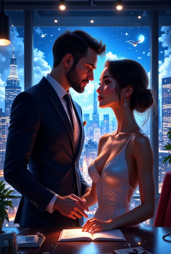 PERFECT VIBRANT COMPLEMENTARY COLORS FOR PASSIONATE EMOTIONAL EXPRESSION BOOKCOVER, hd, for modern novel love erotic passionate bookcover, book cover PHOTOREALISTIC ART, a very handsome businessman STAND and his beautiful wife sit ON TABLE, dynamic scene,in OFFICE dress,in the background PANORAMIC WINDOWS WITH NIGHT CITY, love, tenderness, care, bright colors, waist high, maximum texture, super high detail, perfect natural proportions, contrasting bright colors, dynamic pose, high quality, sharp focus, highly detailed facial features, uplight, focus eyes, clean eyes with detail, volumetric lighting, hyperreal photograph, high contrast, depth of field, unreal--niji 5 VIBRANT VIVID, PERFECT ANATOMY PROPORTIONS, PERFECT ANATOMY, PERFECT HANS, PERFECT FINGERS. DYNAMIC PASSIONATE POSE