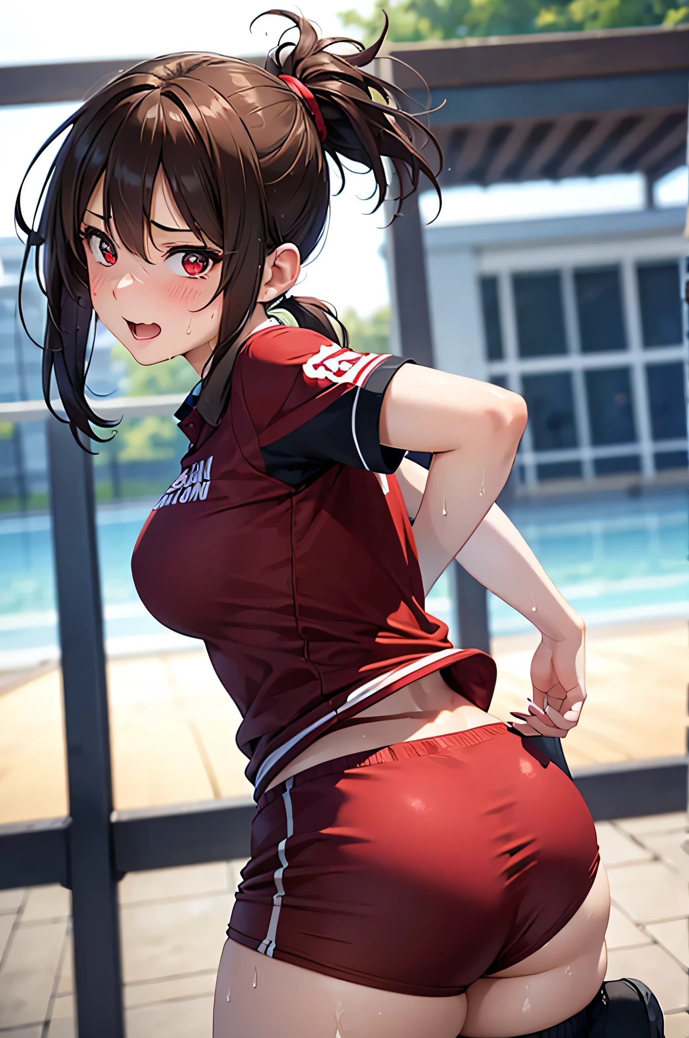  adult woman laughing, Alone,  sexy,8K resolution,((Best Quality)), ultra high resolution, ( embarrassed face ), (Red eyes),  Beautiful Symmetrical Face , ( brown ponytail), volleyball uniform, shorts,socks,Realistic:1.4,Realistic:1.4,(masterpiece:1.2), perfect eyes,Perfect Eyes,(Open your mouth:0.8),(sweat:1.1),Sigh,Perfect waist,Perfect Ass,, butt directed at the viewer ,back, look back , Anatomically Correct Human Body 