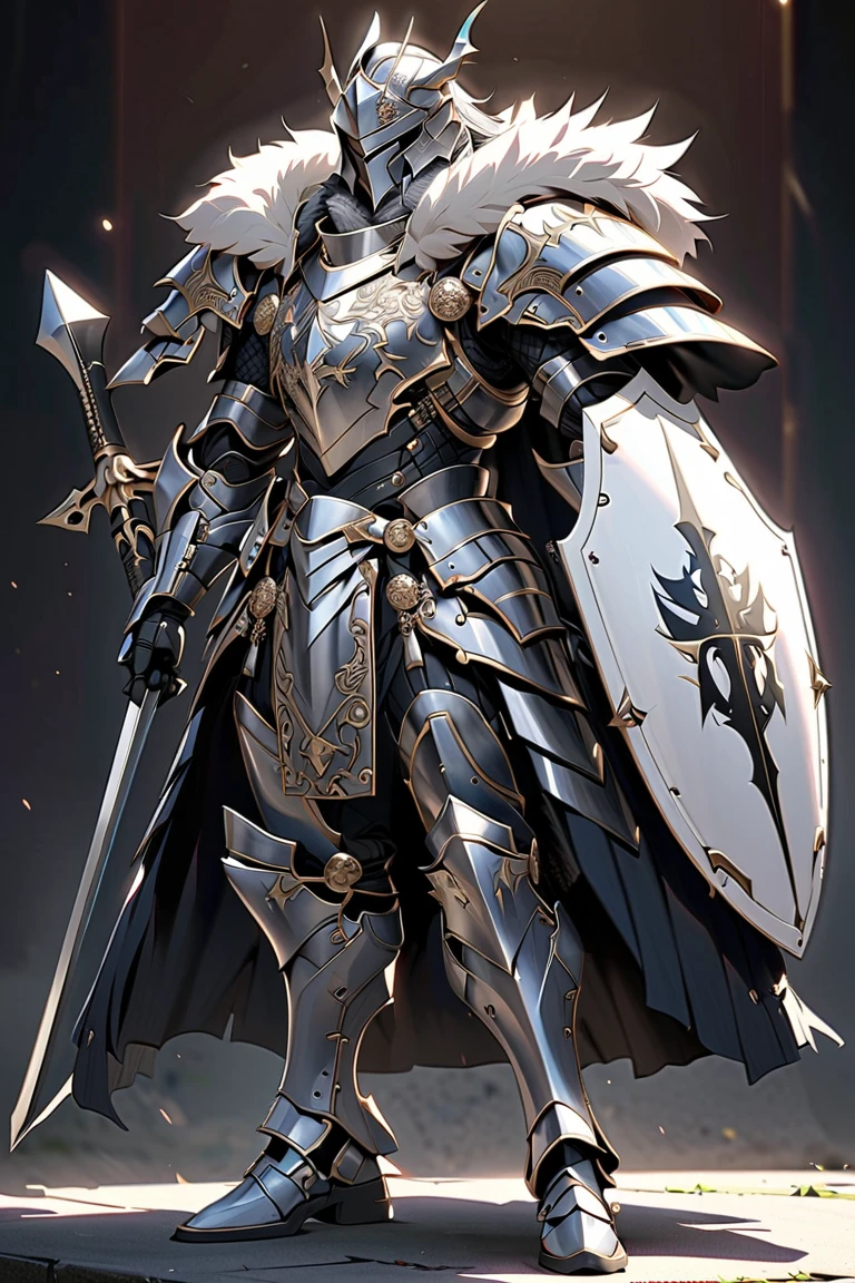 man,  Fairy Slayer , Holy Knight,Wears heavy armor(black),Holding a shield,,Fur collar ,black披風 背景村莊鄉野路上, Full Body View , man,  Very detailed,  high detail