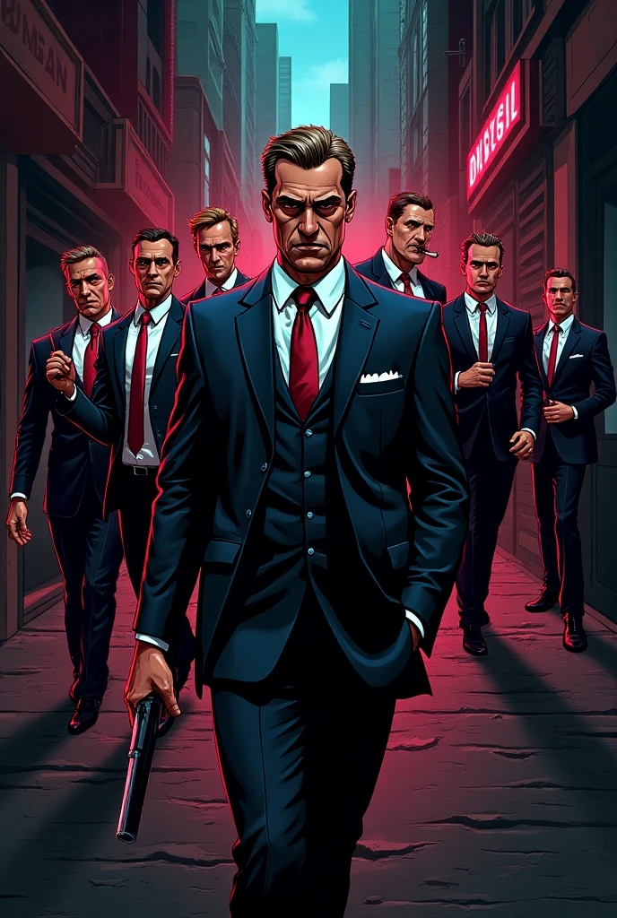 A group of people had guns and guns in their hands, as well as a man in a red hat and a man in a black suit