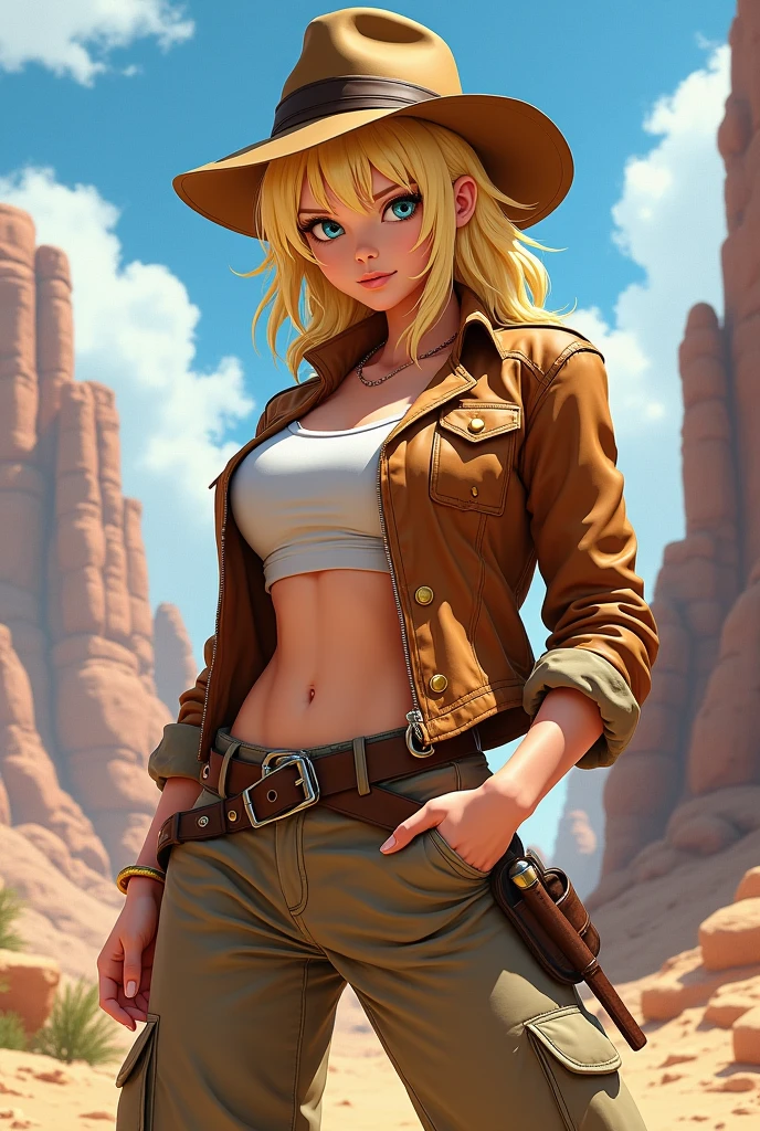 1girl, cowboy hat, white bra, green vest, no sleeves, navel, blue jeans, brown boots, fingerless gloves, short gloves, slight smile, short hair, blonde hair, parted bangs, blue eyes, mole under right eye, American Old West, sunny desert background, belt, best quality, masterpiece