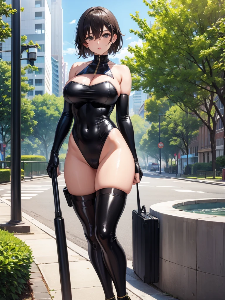 Masterpiece, best quality, ultra detailed, 1girl, nsfw, standing, big breasts, naughty face, thick_thighs, latex thigh boots, no bra, nipples