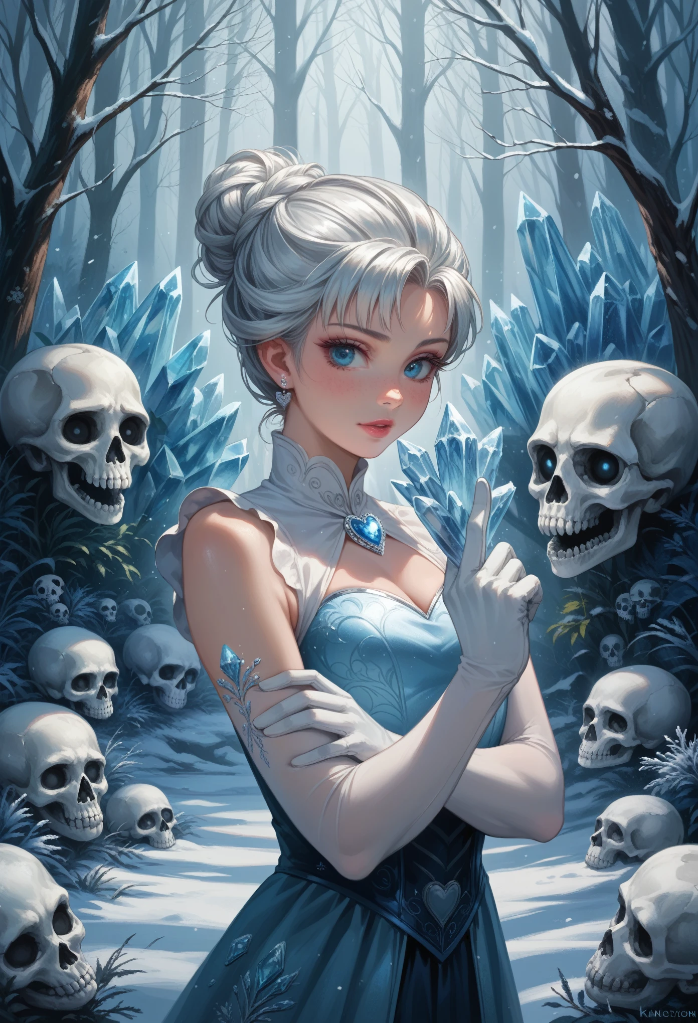 (best quality, highres, ice skull:1.1), ice skull, girl style, thick body art, detailed facial features, icy blue eyes, glossy lips, long eyelashes, porcelain skin, blue and silver color scheme, intricate skull design, realistic texture, vibrant colors, elaborate background, mysterious atmosphere, frozen garden, snow-covered trees, sparkling ice crystals, surreal lighting, fantasy elements