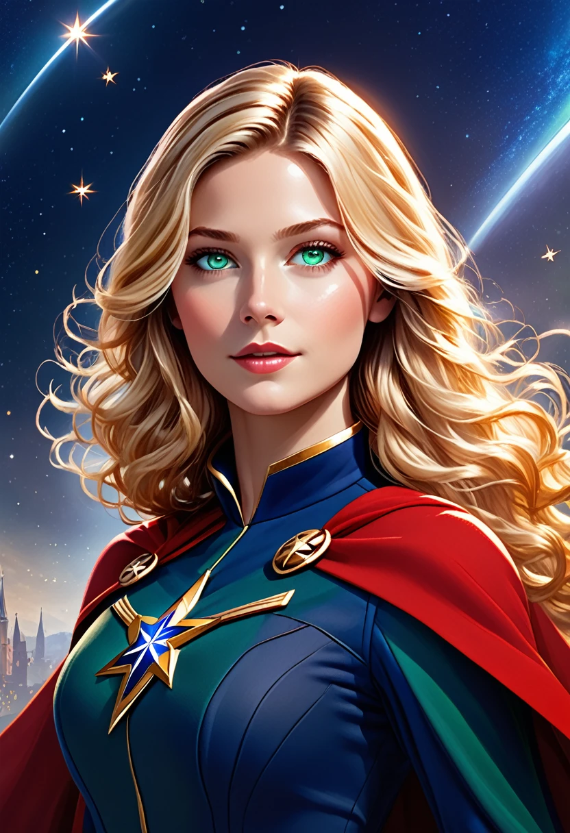 Clara has long, wavy blonde hair, green eyes, and fair skin. She wears a blue and red uniform, with a star on her chest, and has a red cape that flows behind her, 8k high definition