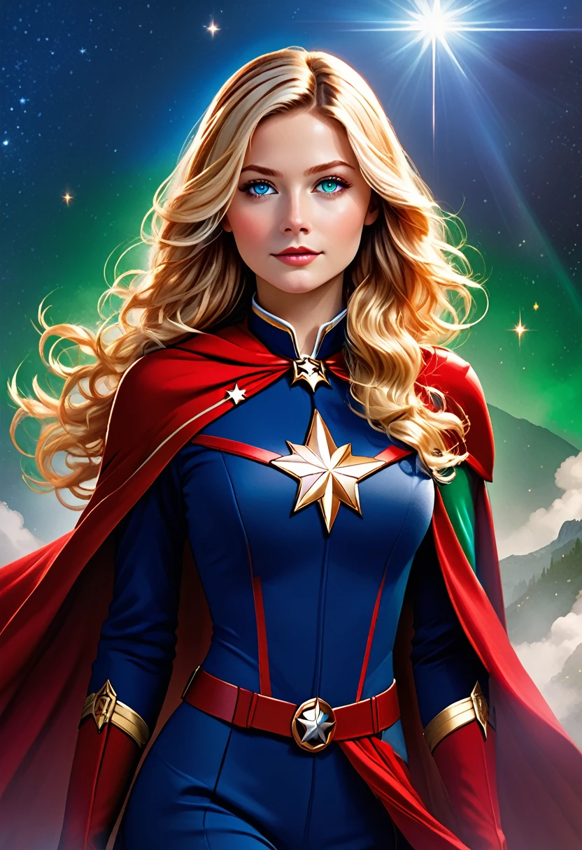 Clara has long, wavy blonde hair, green eyes, and fair skin. She wears a blue and red uniform, with a star on her chest, and has a red cape that flows behind her, 8k high definition