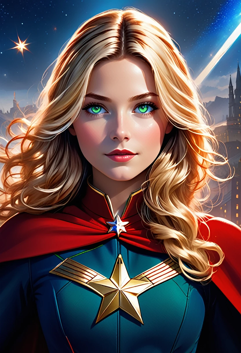 Clara has long, wavy blonde hair, green eyes, and fair skin. She wears a blue and red uniform, with a star on her chest, and has a red cape that flows behind her, 8k high definition