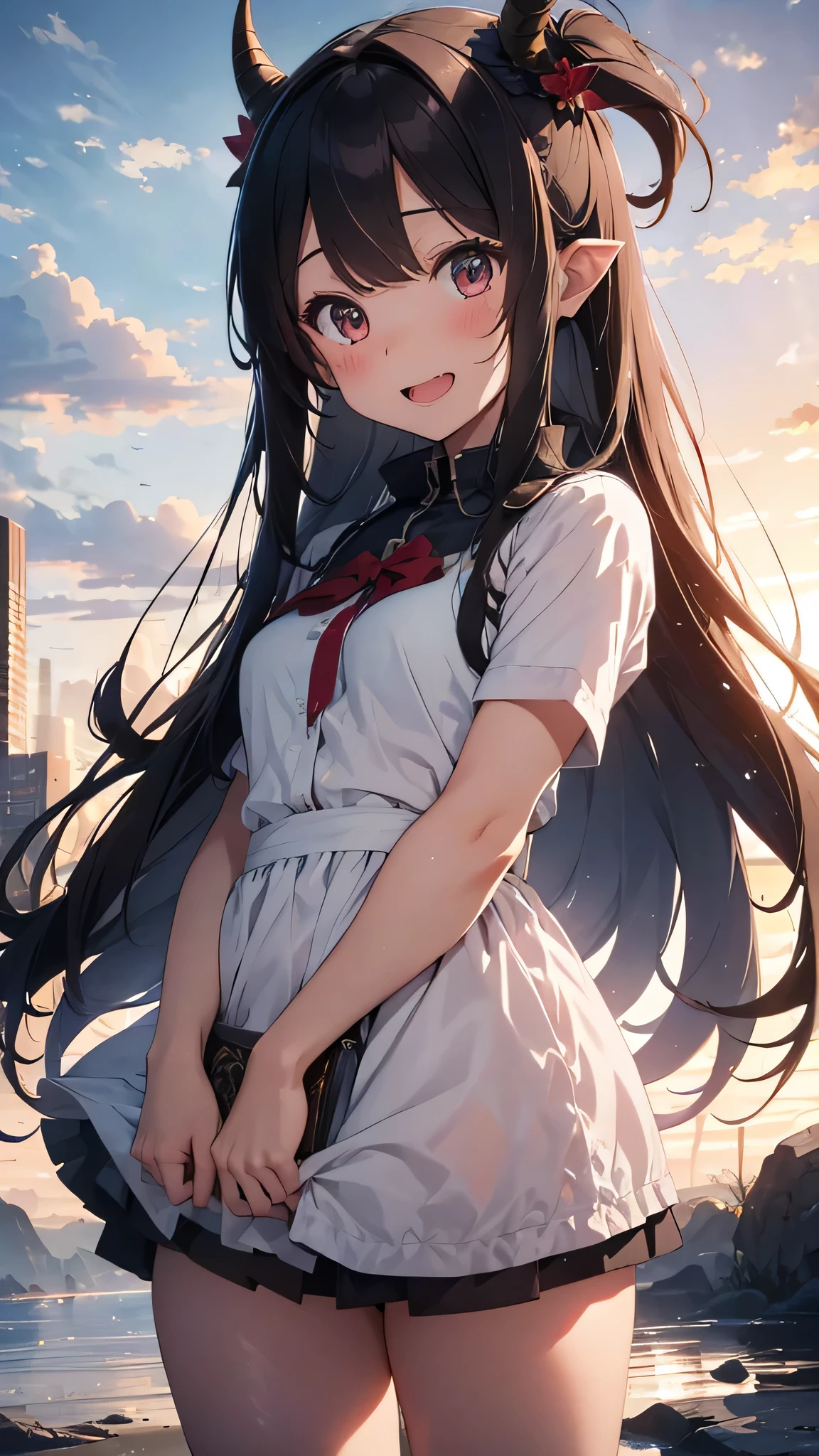 a beautiful detailed girl with long flowing hair, fringe, pointy ears, a warm smile and open mouth, blushing expression, view from below, wearing a hair band, horns on her head, apocalyptic landscape background, best quality, 4k, 8k, highres, masterpiece:1.2, ultra-detailed, realistic, photorealistic, photo-realistic:1.37, HDR, UHD, studio lighting, ultra-fine painting, sharp focus, physically-based rendering, extreme detail description, professional, vivid colors, bokeh