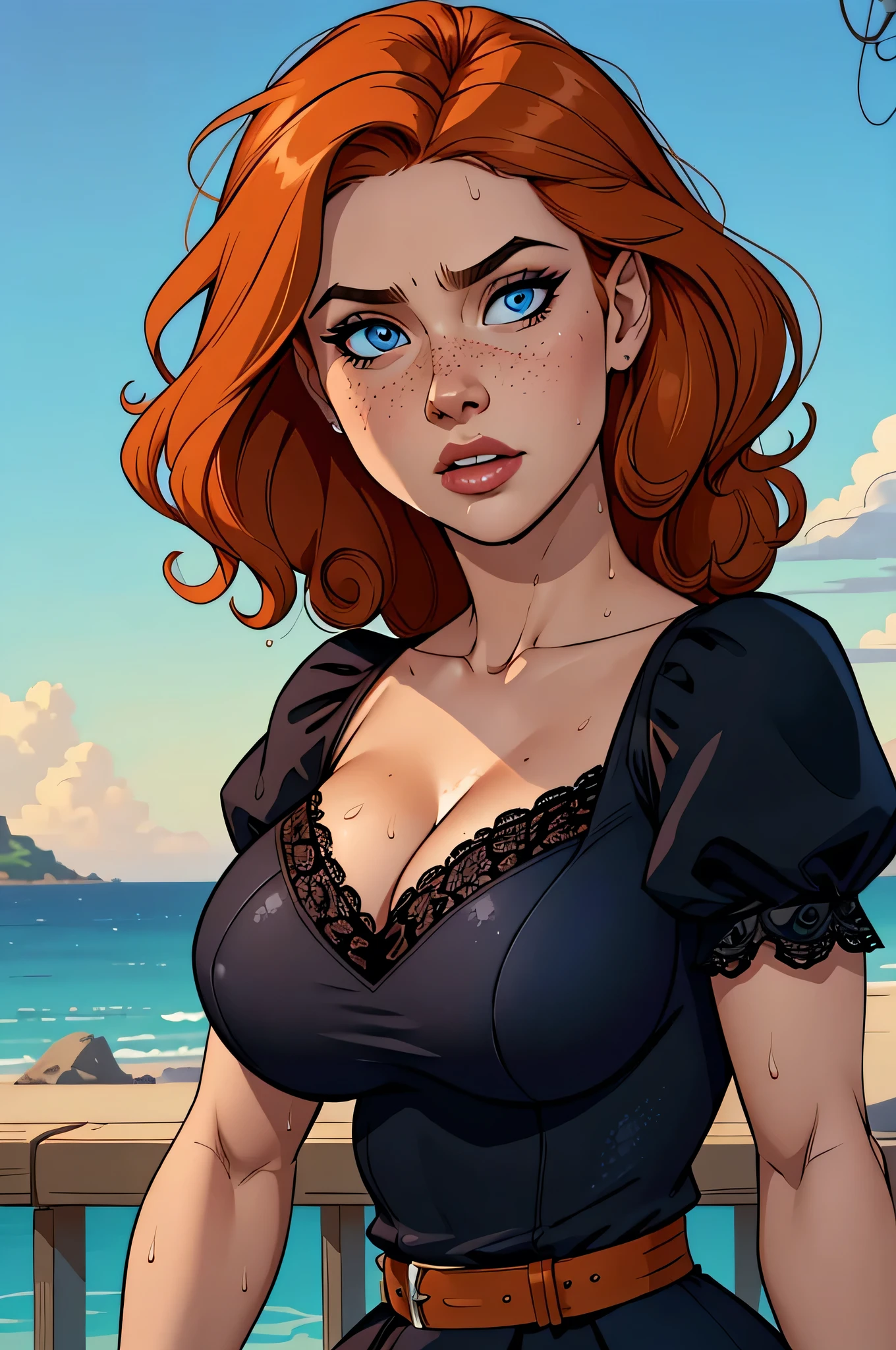 trans Male to female, plump pursed lips, freckles, long curly ginger hair with bangs, crystal blue eyes with smoky eye shadow and black eyeliner, black semi-matte lipstick, pale to sun-kissed skin, flirty smug smile, teal sundress,
