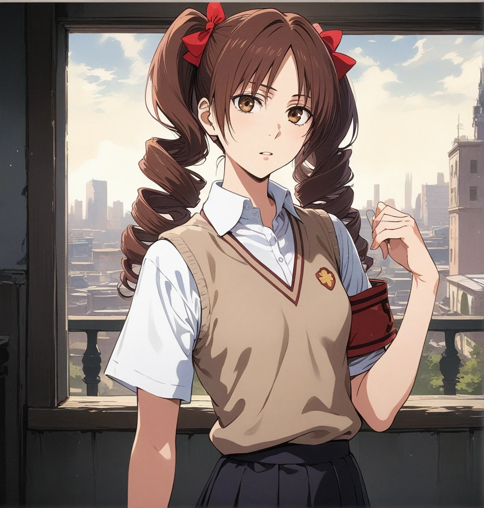 kurokoshirai, kuroko shirai, brown hair, long hair, (parted bangs:1.5), (brown eyes:1.7), ringlets, twintails, hair bow, bow, red bow, (small breasts:1.2), BREAK armband, black skirt, collared shirt, dress shirt, pleated skirt, safety pin, school uniform, shirt, short sleeves, skirt, summer uniform, sweater vest, tokiwadai school uniform, twintails, white shirt, (brown sweater vest:1.5), BREAK outdoor, city, sky, sun, clouds, BREAK looking at viewer, (cowboy shot:1.5), BREAK (masterpiece:1.2), best quality, high resolution, unity 8k wallpaper, (illustration:0.8), (beautiful detailed eyes:1.6), extremely detailed face, perfect lighting, extremely detailed CG, (perfect hands, perfect anatomy),
