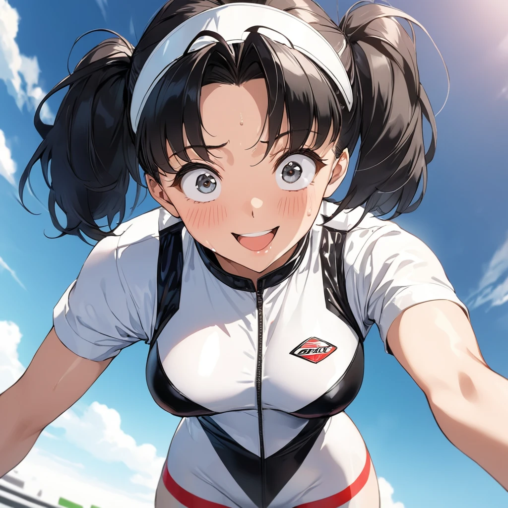 masterpiece, Best Quality, High resolution,16k,super detailed skin, (Videl),1990s \(style\),C cup beautiful breasts、height: 160cm,Sweating all over the body,athlete Muscular,sexy,1 girl,solo,Anime-style painting style,black short hair,low twintails hair,center parted swept bangs,forehead,boyish,Big eyes、Cool look,Pointed Eyes,race queen,(race queen costume:1.5),Muscular,1girl、BRAKE(ahegao:1.2),(Vulgar:1.2),(So stupid:1.1),(orgasm:1.2),happy,smile、Shy、Shyness,Cool look,blush,Anime-style painting style,(closeup),gigantic scale,A composition that shows the full body,cinematic lighting,Superfine,(simple white background:1.5)、(sexy:1.5),Gazing into the distance,, Captivating look, (Amazing views:1.1) ,dynamic angle,sexy pose,