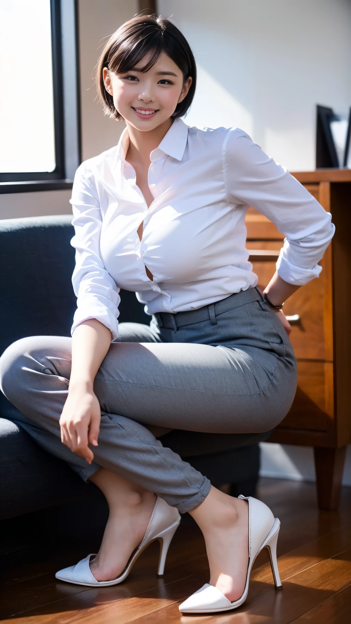 Best Quality,masterpiece, ultra high resolution, highdefinition RAW color photo, professional photos , natural skin texture, fine skin, Hyperrealism , Japanese Women,(smile, Shortcut Hair,(WHITE shirt, cutter shirt,gray pants style,Stiletto heels,Panty line), office),big ass