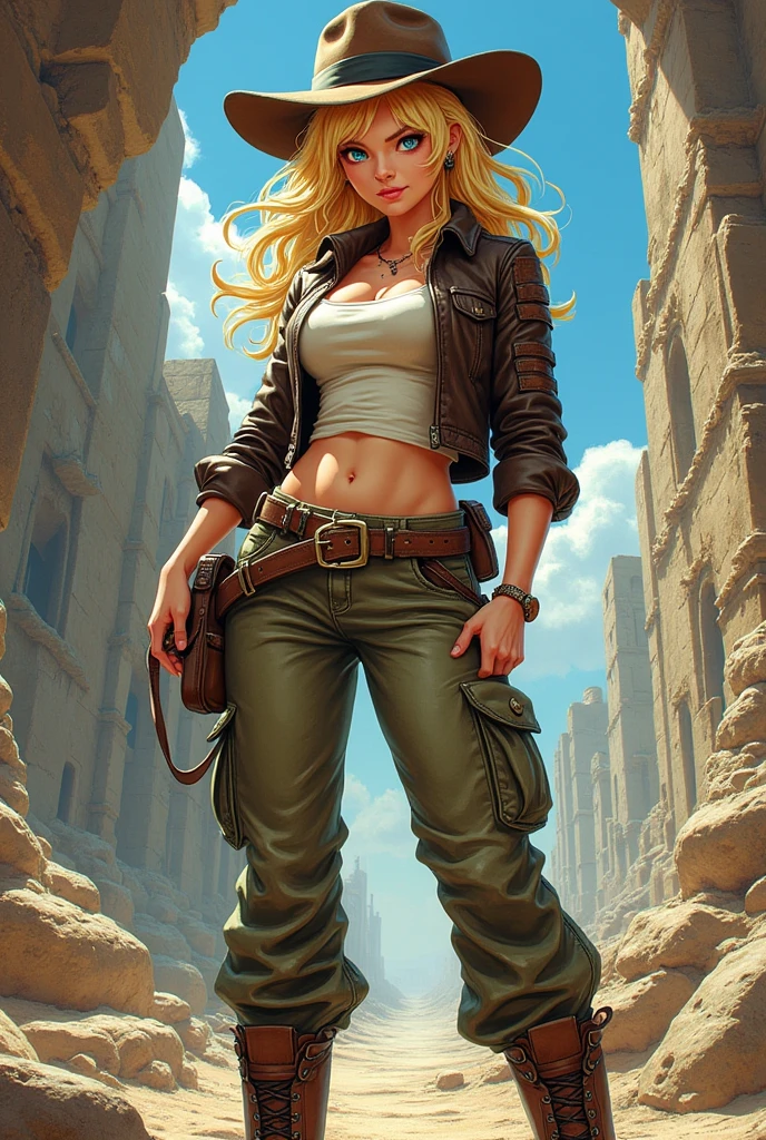 Scarlett Johansson, masterpiece quality, (masterpiece quality:1.9), realistic, solo, one girl, the wearing cargo pants, wearing white crop top, short haircut, Mayan ruins in background, jungle in background,