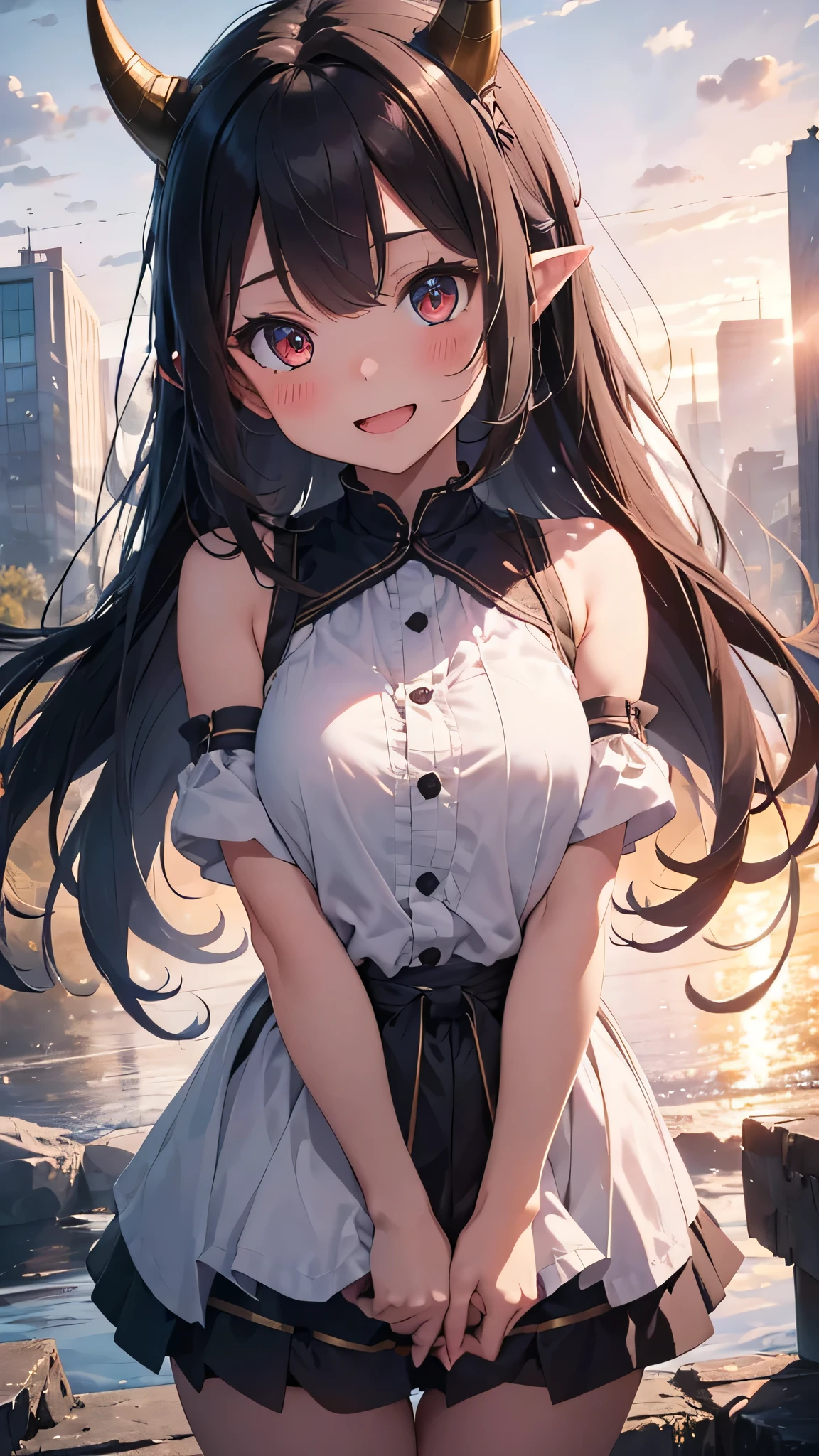 a beautiful detailed girl with long flowing hair, fringe, pointy ears, a warm smile and open mouth, blushing expression, view from below, wearing a hair band, horns on her head, apocalyptic landscape background, best quality, 4k, 8k, highres, masterpiece:1.2, ultra-detailed, realistic, photorealistic, photo-realistic:1.37, HDR, UHD, studio lighting, ultra-fine painting, sharp focus, physically-based rendering, extreme detail description, professional, vivid colors, bokeh