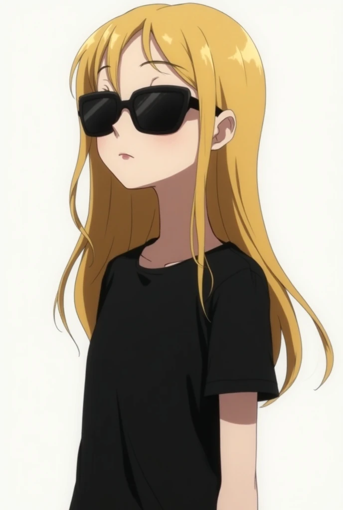 1,52 tall, white, blonde, with oval glasses. Wide hips, thick thighs, medium breasts, blanco crop top, short shorts and short socks. On a pole dance pole with an elegant and dark background