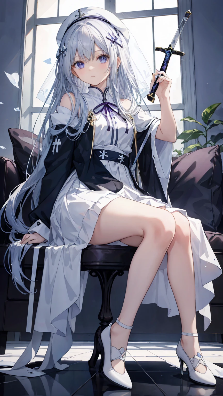 Anime - Stylistic image of a woman with long white hair sitting on a windowsill, azur lane style, Perfect white haired girl, White-haired god, Best anime 4k konachan wallpaper, seductive anime girls, white haired Cangcang, from girls frontline, Smooth anime CG art, Anime girl with long hair, girls frontline style, Fine details. Girl front, White-haired,karate
