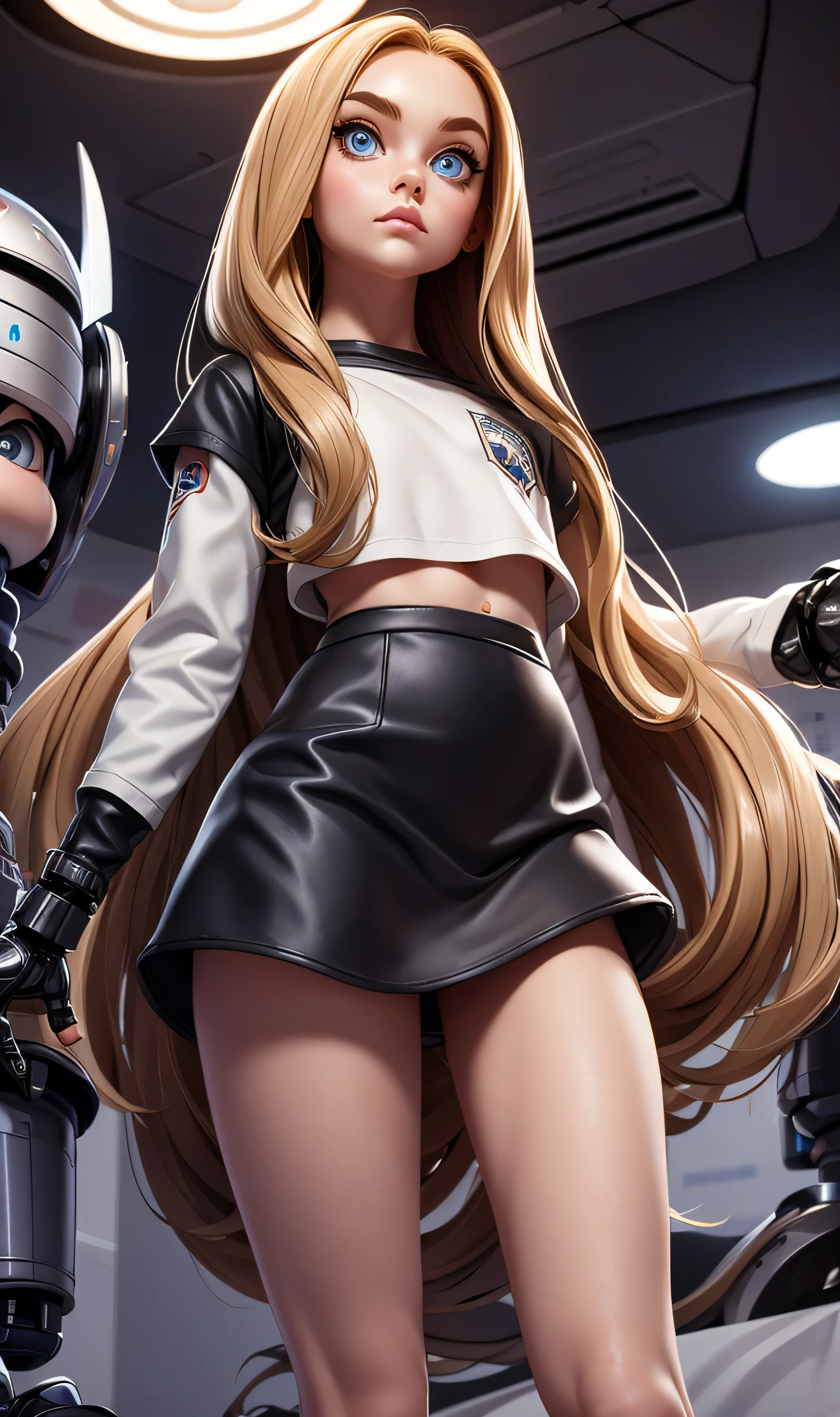  masterpiece , A doll,  long hair , rubio, blue eyes,  full body ,  thin and small, nice legs, long sleeve t-shirt, short t-shirt, Belly, mini skirt, black skirt, robot hands, in a robot laboratory, 