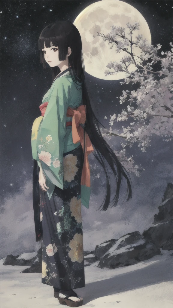 Princess Kaguya, Let your hair down,  Hair Black , masterpiece, Best Quality, Super detailed, Illustration,  1 girl, Alone,  high resolution on down,  photorealistic from thigh to toe,  ultra high resolution , (Original Illustration composition), ( Fusion limited color  ,Extremist art style, Kimono Fashion, Double Exposure, background night sky,full moon,Rear view, I can't see faces,Twelve single
Starry sky ,, whose face is hidden by hair ,Jade Branch of Horai