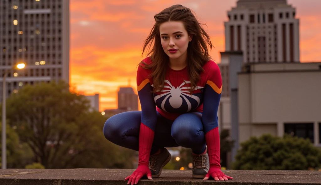  Hyperrealistic and detailed full-body Longford photo she is crouching on top of a building with the city in the background in a vibrant sunset.  She is wearing the classic Spider-Man uniform ,  with red and blue details and the white spider on her chest . The hair untidied by the wind .  The pose is known to be of surveillance ,  with one knee bent and the other foot supported ,  while the right hand touches the surface and the left hand is partially raised .  The urban setting has warm shades of orange and gold ,  with skyscrapers and city lights in the background , , which creates a dramatic and heroic atmosphere ..  perfect eyes, ( eye makeup  :1.1), (detailed skin:1.1), (perfect large ), CRU, analog style, sharp focus, 8K UHD, dslr camera,  high quality, Fujifilm XT3, grain, awarded, masterpiece.