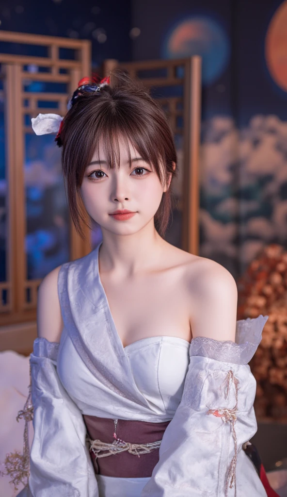 Best Quality, Masterpiece level,   ultra high resolution,  realism,  fantasy theme , arms,  face details,  girl, One-off , Hair Bun, Fairytale Theme,  upper body, Chinese architecture, Inflammation,  Get detailed outdoor lighting and movie lighting , Increase overall ambient light in detail , Face and eye details, Improve the realism of body details , teeth、 expresses a clear and sharp focus , Expressionless, White clothes,  Burgundy Hair , Bright Eyes, 背景teeth、 Starry sky with colorful galaxies and galactic clouds, The stars fly around her, delicate face, Add some fun.