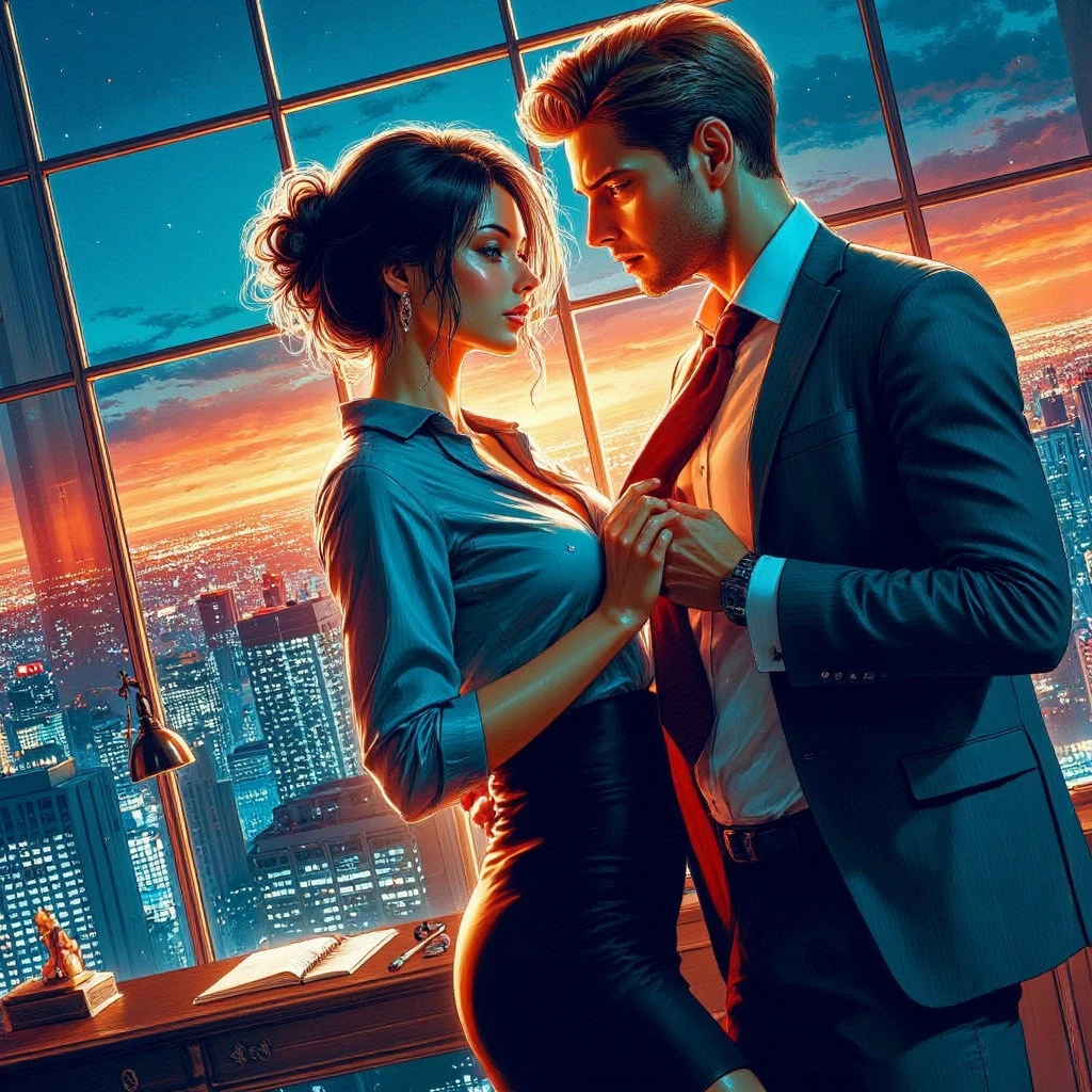 PERFECT VIBRANT COMPLEMENTARY COLORS FOR PASSIONATE EMOTIONAL EXPRESSION, modern world, book cover PHOTOREALISTIC, a very handsome muscular sexy businessman STAND and his beautiful sexy secretar-woman sit ON TABLE, dynamic scene,in OFFICE dress,in the background PANORAMIC WINDOWS WITH NIGHT CITY, love, tenderness, care, bright colors, waist high, maximum texture, super high detail, perfect natural proportions, contrasting bright colors, dynamic pose, high quality, sharp focus, highly detailed facial features, uplight, focus eyes, clean eyes with detail, volumetric lighting, hyperreal photograph, high contrast, depth of field, unreal--niji 5 VIBRANT VIVID, PERFECT ANATOMY PROPORTIONS, PERFECT ANATOMY, PERFECT HANS, PERFECT FINGERS. DYNAMIC PASSIONATE POSE.