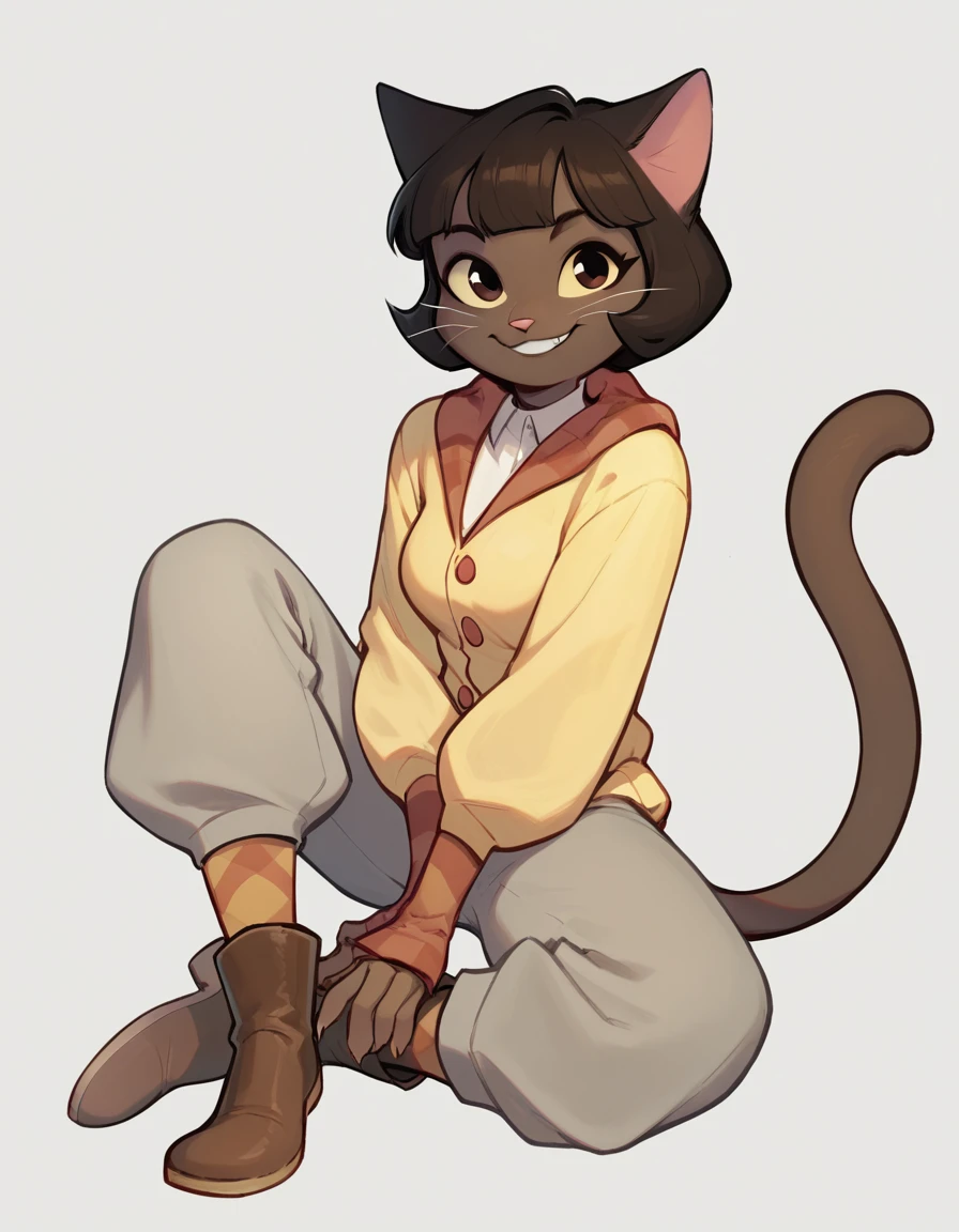 score_9, score_8_up, One,  1girl,   looking at the viewer ,  checkered socks ,  brown boots , gray trousers,  a white shirt , yellow cardigan, smile,  Dark, Dark skin, anthro cat ,  Pr