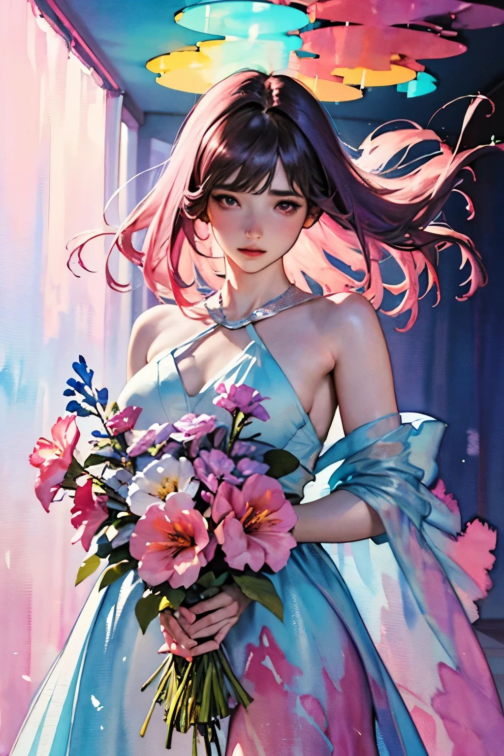 1girl,flower, Lisianthus ,in the style of light pink and light azure, dreamy and romantic compositions, pale pink, ethereal foliage, playful arrangements,fantasy, high contrast, ink strokes, explosions, over exposure, purple and red tone impression , abstract, ((watercolor painting by John Berkey and Jeremy Mann )) brush strokes, negative space,