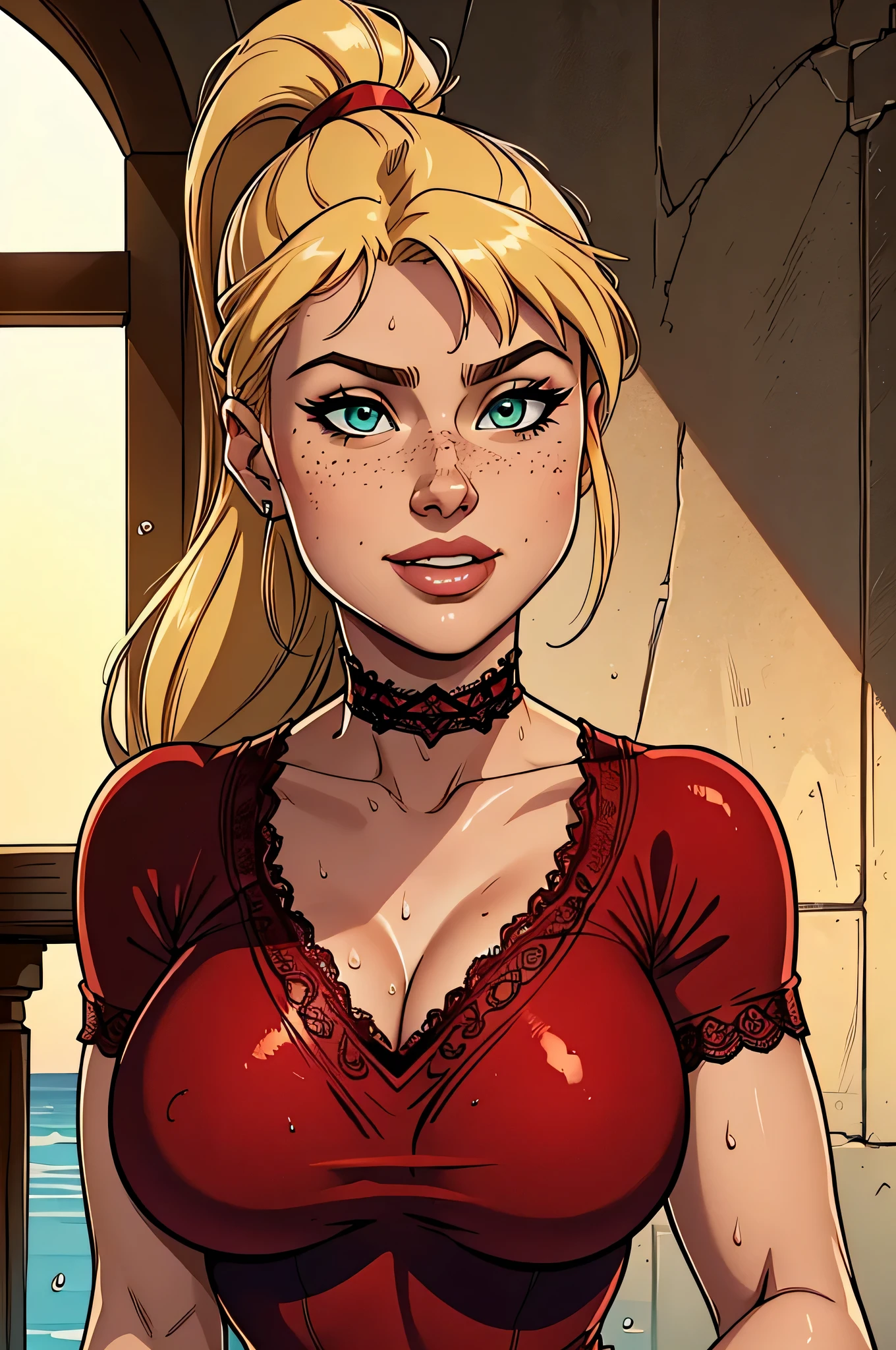 ( Absurd, high quality , Ultra Detailed, Beware of your hand ) close up of a thin and athletic woman (Scarlett Final Fantasy), 25 years, 8k (( high definition )), cute smile, seductive look, green eyes, nose fine, wearing a red dress (( Lace V-neck, short sleeves, choker )), thin waist, pele caucasiana, long blond hair (( with ponytail and bangs )), standing (( upper lateral part of the body )), with freckles on the chest and neck, (( large round breasts , Wet with sweat )). Marvel style (( high quality )), Sunny day in the background .