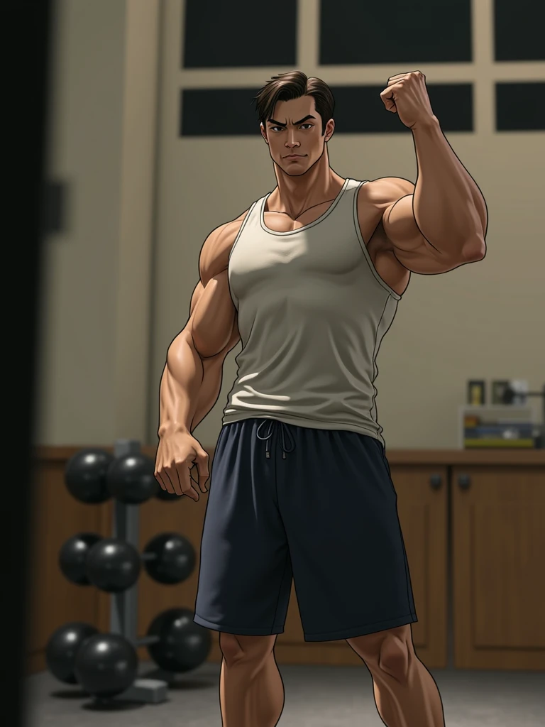 male half-giant, tall, Muscular, Dark green short hair, Blue eyes, No-sleeves tank top, sport shoes, Villain, anime figure
