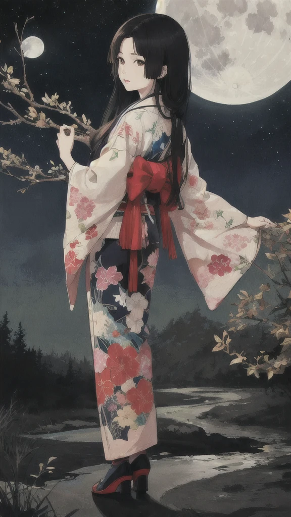 Princess Kaguya, Let your hair down,  Hair Black , masterpiece, Best Quality, Super detailed, Illustration,  1 girl, Alone,  high resolution on down,  photorealistic from thigh to toe,  ultra high resolution , (Original Illustration composition), ( Fusion limited color  ,Extremist art style, Kimono Fashion, Double Exposure, background night sky,full moon,Rear view, I can't see faces,Twelve single
Starry sky ,, whose face is hidden by hair ,Jade Branch of Horai,I'm going back to the moon