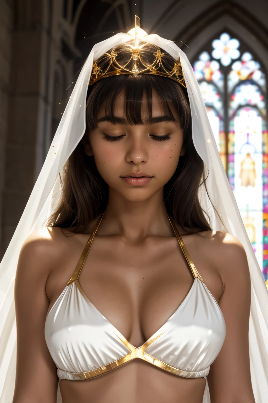 best quality, masterpiece, young latin girl, tanned skin, eyes closed, (silhouette lighting:1.1), (upper body:1.3), medium hair with bangs, medium breast, hourglass figure, oily skin, (white silk bikini with gold accents:1.2), (under breasts:1.3), white cape, tiara, face veil, hands down, at church