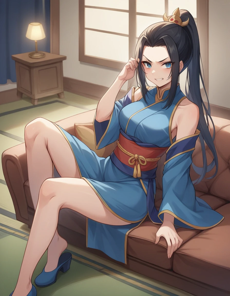 Azula long black hair,fire nation hair ornament , Very tanned skin, Anime characters in the living room, blue carpet and blue sofa, wearing blue robes, wearing kimono, anime style 4 K, wearing blue cheongsam, wearing kimono, blue robe, ninja art style in dragon head, anime style", flowing hair and robes, full-color manga visual style, official art, crazy details