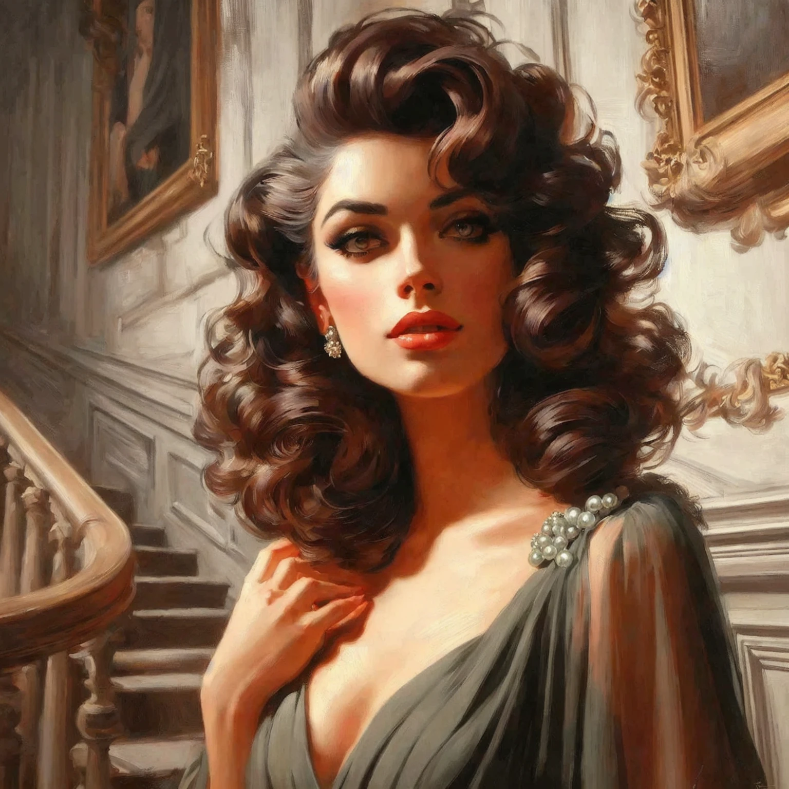 a painting of a woman with a dress and a necklace, inspired by Art Frahm, beautiful retro art, elegant digital painting, exquisite digital illustration, martin ansin artwork portrait, beautiful digital artwork, gorgeous digital painting, stunning digital illustration, digital art of an elegant, stunning art style, beautiful digital illustration, style of stanley artgerm, sultry digital painting