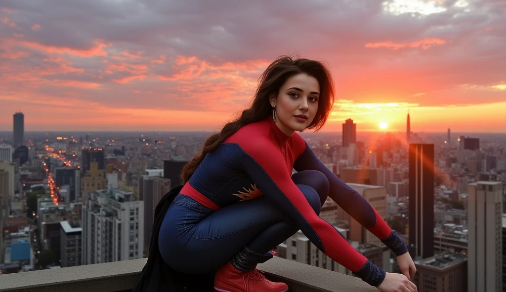  Hyper-realistic and detailed full-body Longford wearing the clothing of a spider-man with a neckline and big boobs,  she is crouched on top of a building with the city in the background in a vibrant sunset . The hair untidied by the wind .  The pose is sensual and provocative ,  with both knees bent and the  ,  as the hands touch the surface . The urban night scene ,  with skyscrapers and city lights in the background ,  which creates a dramatic and heroic atmosphere ..  perfect eyes, ( eye makeup  :1.1), (detailed skin:1.1), (perfect large ), CRU, analog style, sharp focus, 8K UHD, dslr camera,  high quality, Fujifilm XT3, grain, awarded, masterpiece.