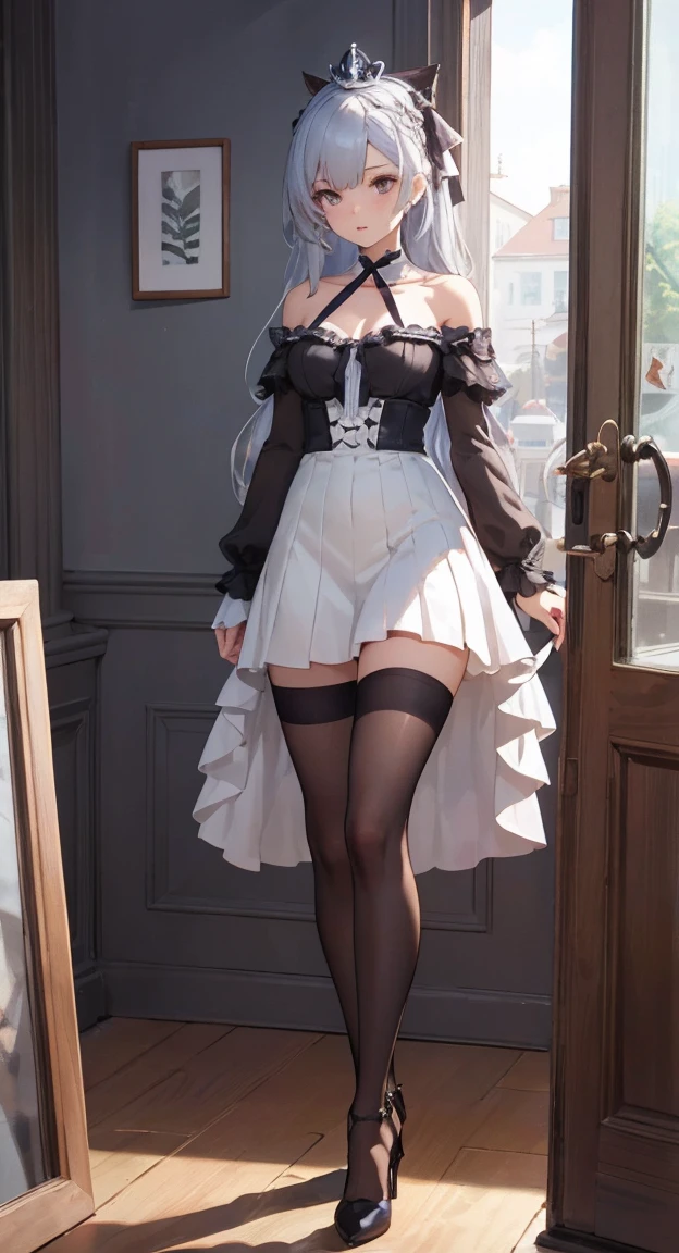 1 , highly detailed, detailed eyes, sunny room, masterpiece,  looking at the viewer , Illustration,  Game CG , clavicle, standing,  shiny lips, knee-high, high heels, talk Hair, long Hair, argus\(azur lane\), talk_Hair, medium breasts, _eyes, Hair_clip, argusorigin,  black socks, small talk crown on head, Pernas afastadas