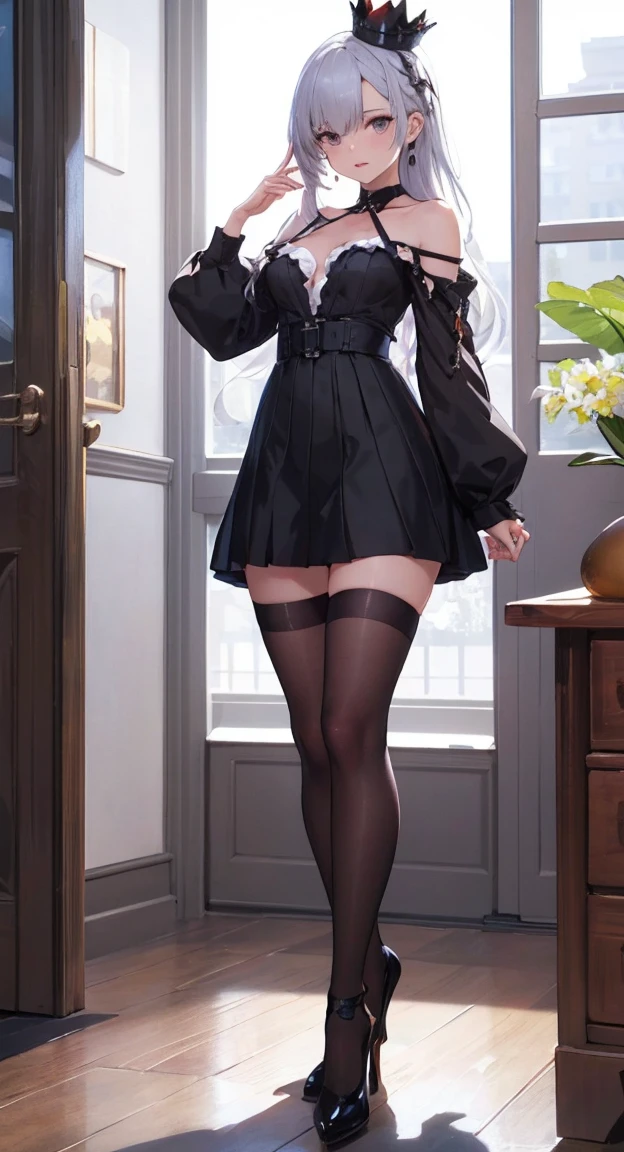 1 , highly detailed, detailed eyes, sunny room, masterpiece,  looking at the viewer , Illustration,  Game CG , clavicle, standing,  shiny lips, knee-high, high heels, talk Hair, long Hair, argus\(azur lane\), talk_Hair, medium breasts, _eyes, Hair_clip, argusorigin,  black socks, small talk crown on head, Pernas afastadas