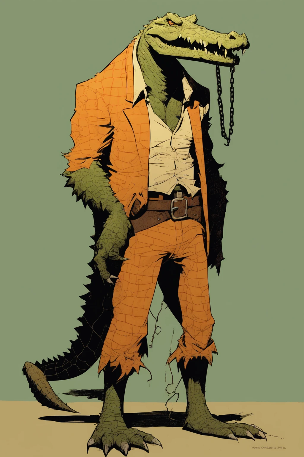 Mike Mignola Style - furry, anthropomorphic, male crocodile, monstrous, tall height, muscular, beast, shackles, fangs, orange pants