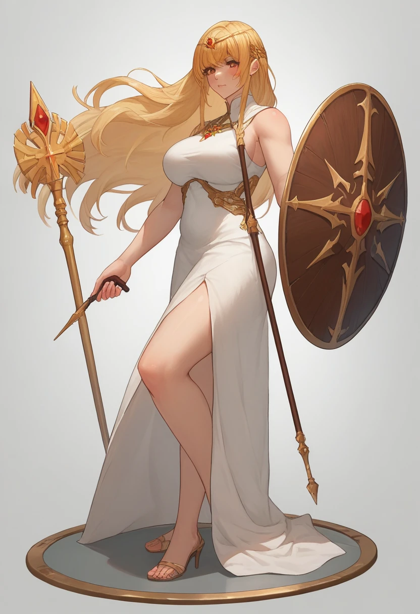 19 yo, (teen Sugar girl), (anime girl with long blonde straight smooth hair braidstrands and curtain-bangs:1.5), a saint/shield-bearer white-gold bareshoulders dress, simple golden-circlet, a priestess with amber eyes, anime moe artstyle, well body-built waifu, (mature woman with lean perfection abdomen:1.5), sweet sweet mommy's expression, blushing confident, (Droopiest Gigantic Largest), (1 arm behinds head - swaying hair), Curvy body, legs apart, (holding a Saint Staff on one hand and a Holy Shield on another hand:1.2), BREAK, simple white background, side view full body shot, (Smooth shading), subtle highlights, warm & soft pallette, polished painterly look, moe anime-style final fantasy brave exvius wars of the vision digital artstyle, character illustration style, character sheet, 2.5D, 128K UHDR Best Quallity