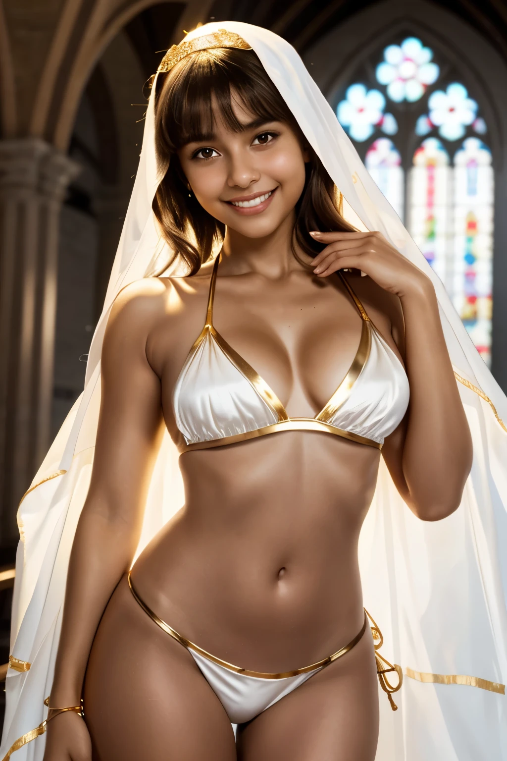 best quality, masterpiece, young latin girl, tanned skin, grin, (silhouette lighting:1.1), (upper body:1.3), medium hair with bangs, medium breast, hourglass figure, oily skin, (white silk bikini with gold accents:1.2), (under breasts:1.3), white cape, tiara, face veil, hands down, at church