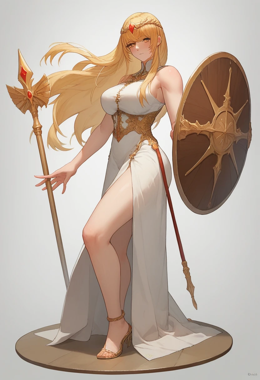 19 yo, (teen Sugar girl), (anime girl with long blonde straight smooth hair braidstrands and curtain-bangs:1.5), a saint/shield-bearer white-gold bareshoulders dress, simple golden-circlet, a priestess with amber eyes, anime moe artstyle, waifu, (mature woman with lean perfection abdomen:1.5), sweet sweet mommy's expression, blushing confident, (Droopiest Gigantic Largest), (1 arm behinds head - swaying hair), Curvy body, legs apart, (holding a Saint Staff on one hand and a Holy Shield on another hand:1.2), BREAK, simple white background, side view full body shot, (Smooth shading), subtle highlights, warm & soft pallette, polished painterly look, moe anime-style final fantasy brave exvius wars of the vision digital artstyle, character illustration style, character sheet, 2.5D, 128K UHDR Best Quallity