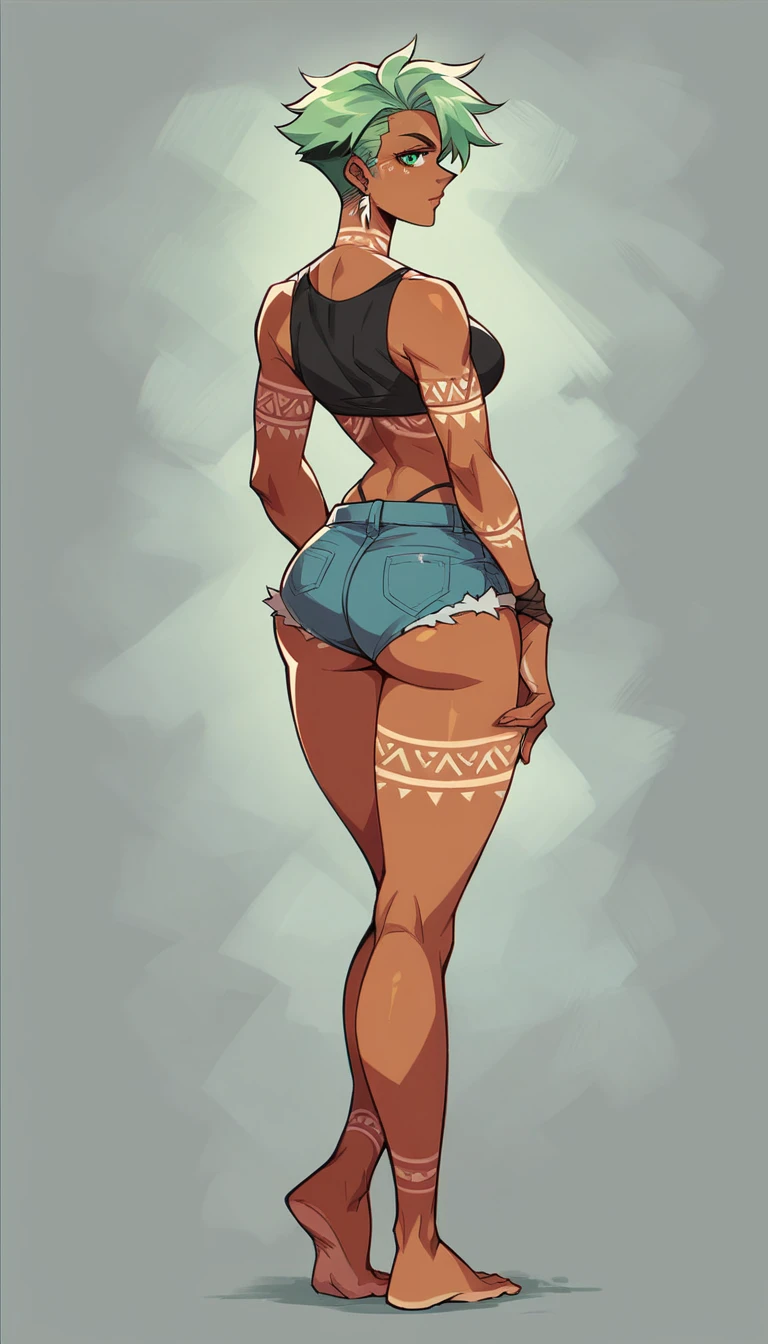 connie maheswaran age 25, ( extremely detailed CG, Mahagony-skinned female with dark Reddish-brown skin, black eyes, and phoenix back tattoo, wearing a full-body open back leotard, mini shorts with stars on the back pockets and a baret holding her black hair tight dragonbraid. strong , well-built, Perfect hourglass physique, amazing skin, strong oblong-shaped face, narrow convex hooked nose. strong, toned, wide heart hips,, biting lips enticingly, catching your eye, waving you closer to her). +( overlooking a coastal city with hands in her pockets,looking over her shoulder ,playful bottom hit) :+(view from behind, hd illustration, extreme long shot, rendered in Unreal Engine 5, hyper-realistic, , 128k, ultra - HD, intricate detail, super - res, webcomic animation, ink art, full-length portrait, wide-body shot, alluring aura and stare , ink art,Black ink,tattoo design outline, Lineart, brush art ,thin line animation, ultra-HD masterpiece, highest quality, highly detailed facial expressions,realistic expression, perfect piece, perfect prompt ,full length, best quality, intricately accurate facial and physical structure, intricately realistic expression and emotion, accurate colored complexion, accurate ????????????, intricate bodypaint, complex hairstyles, intricate character detail, intricately expressive, intricate color design, complex emotions,)
