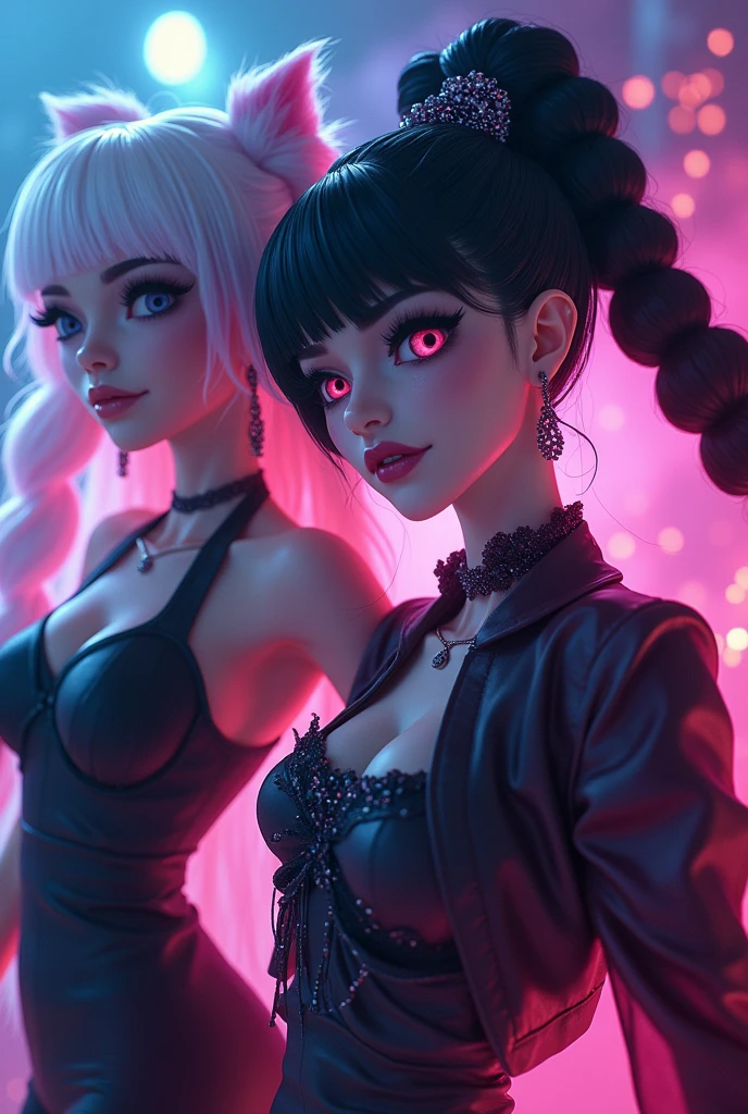 curly hair, beautiful anime girl, flouresente hair, shinier hair, neon purple color mixed with neon orange