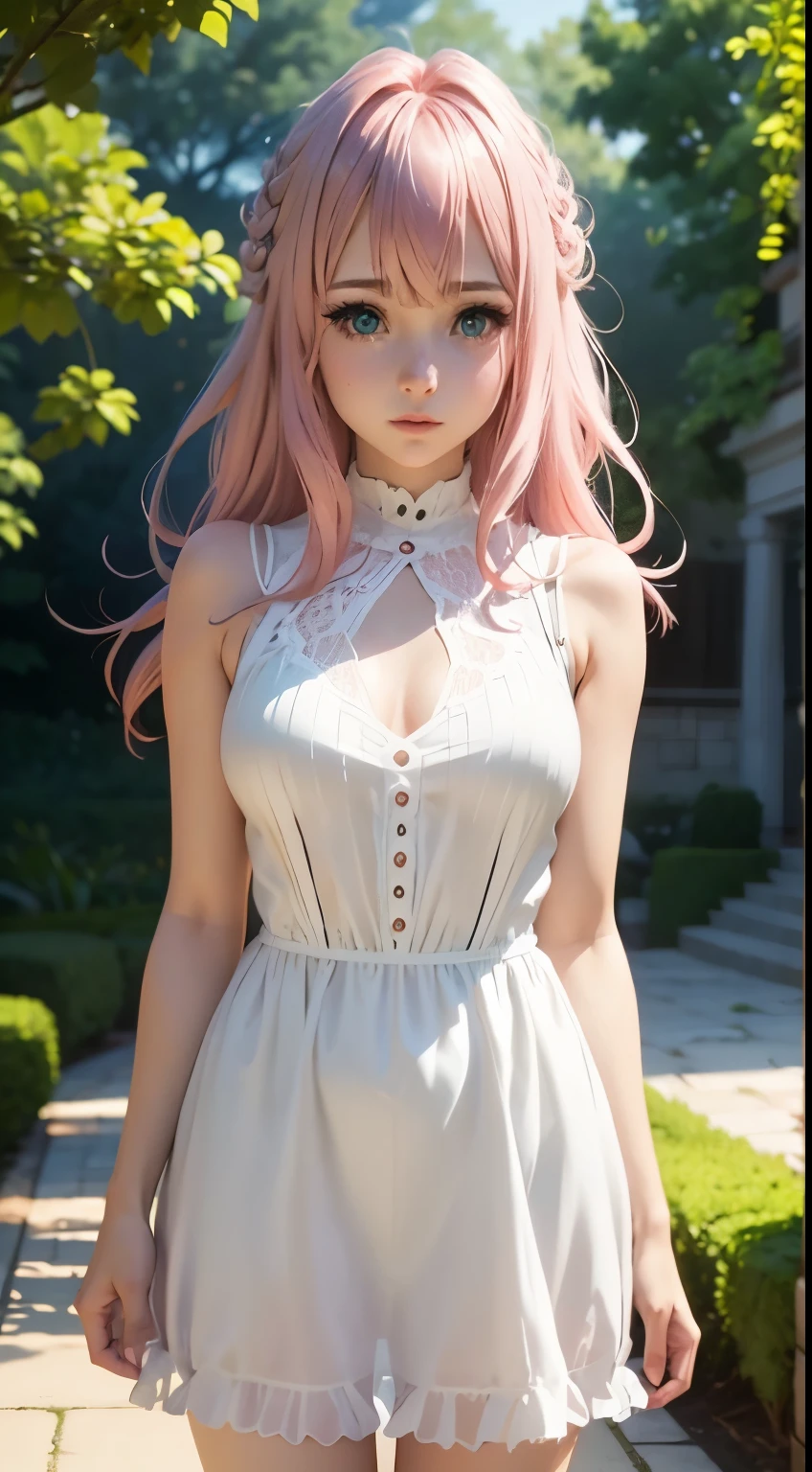 Very Cute girl,big sized ,half naked ,ultra realistic eyes, sleeveless and transparent white night dress,garden outside, pink colour hair,bright green eyes, ultra realistic detailed eyes, innocent eyes, looking at camera,long pink hair,