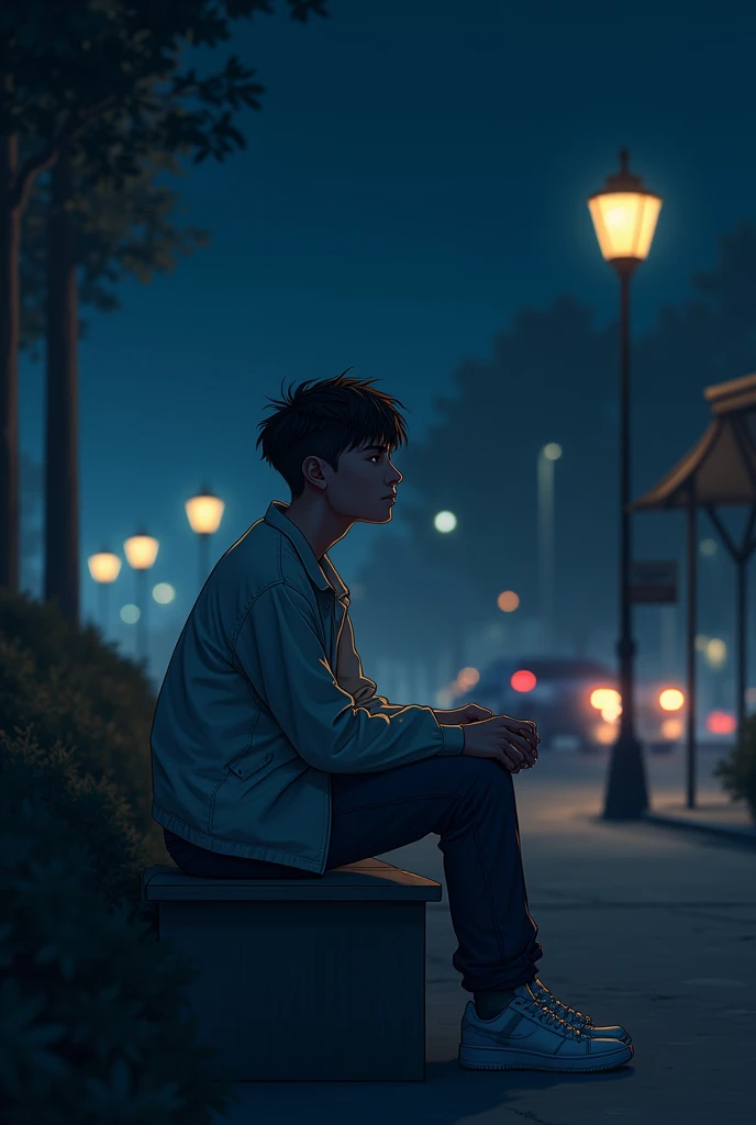 Young man with square glasses and semi-long hair sitting on a bench in a park, with tired black eyes with dark circles, dark white shirt, Dark blue jeans with black converse. smoking a cigarette. Purple tone environment, camera focusing from below,