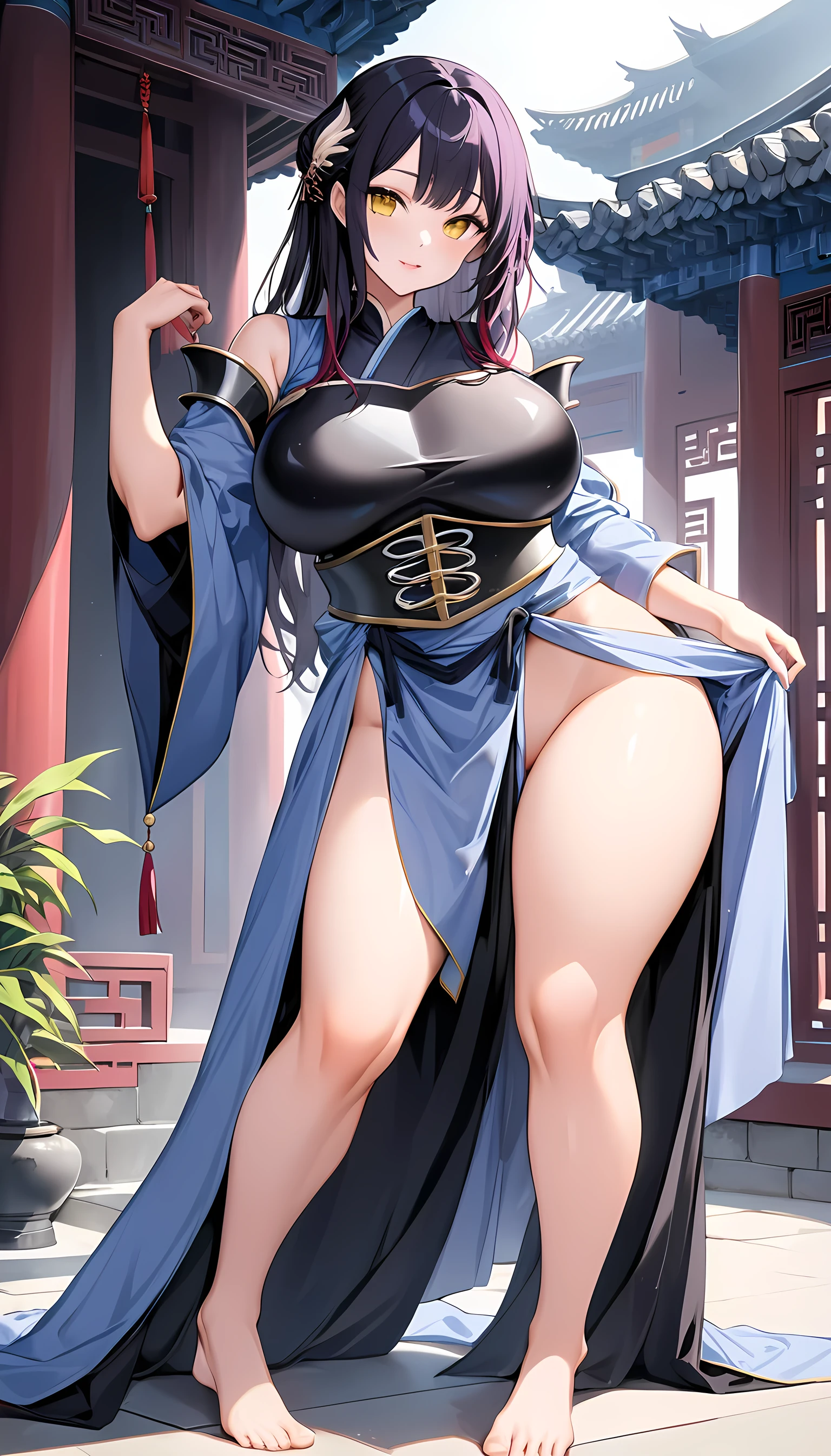 Best Quality、masterpiece、 ultra high resolution 、solo、 One Woman 、China、armor、breastplate、Toraigashiki 、 Fort in the People's Republic of China 、Diao Chan、Yellow Eyes、 Princess Ryofu's Army &Heroine、紫のarmor/Purple Armor 、 Plump Gravure Body、 Hanfu arranged in a modern style、Black Hair、Standing with your legs apart&Leg spread、 stepping on its feet 、outbreak of war、Conch shell 