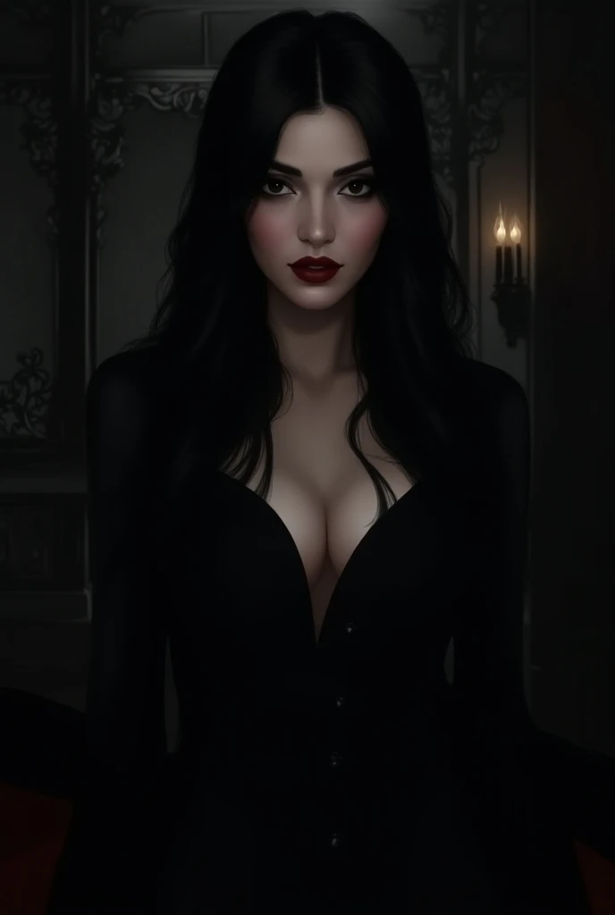 a beautiful woman with alluring eyes, full lips, and long eyelashes, sitting cross-legged, wearing a low-cut black dress, her legs and thighs exposed, a mischievous expression, low angle shot, high quality, photorealistic, dramatic lighting, cinematic, chiaroscuro, moody, sensual
